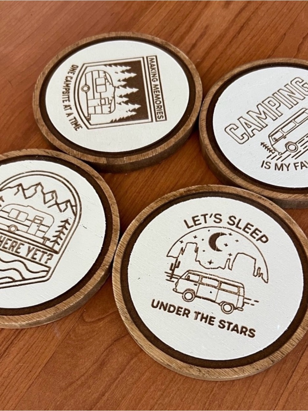 Camping Coaster Set - White & Brown Wood Round Coasters